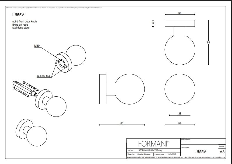 Formani | Voordeurknop LB55V Vast op Rozet | RVS