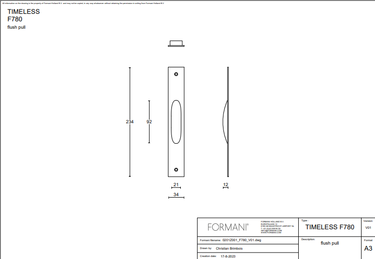 Formani | Schuifdeurkommen | F780 | 234mm | Messing Ongelakt