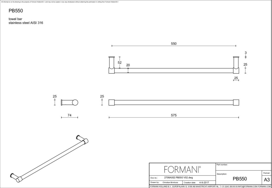 Formani | ONE | PB550 | Handdoekstang Enkel | Pvd Champagne - Deurbeslag-expert