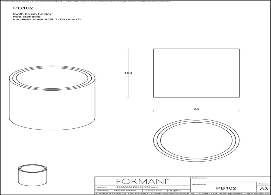 Formani | ONE | PB102 | Tandenborstelhouder Vrijstaand | Mat Roestvast Staal/ Wit/ Corian - Deurbeslag-expert
