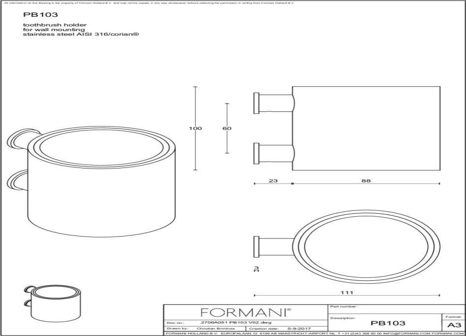 Formani | ONE | PB103 | Tandenborstelhouder Met Muurbevesting | Mat Roestvast Staal/ Wit/ Corian - Deurbeslag-expert