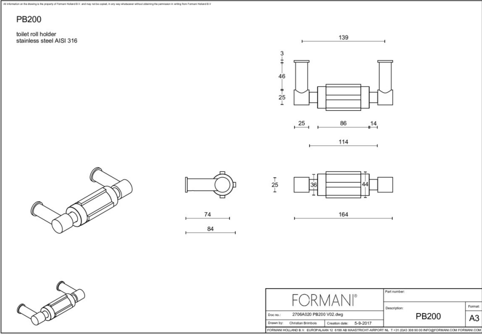 Formani | ONE | PB200 | Toiletrolhouder | Mat Roestvast Staal