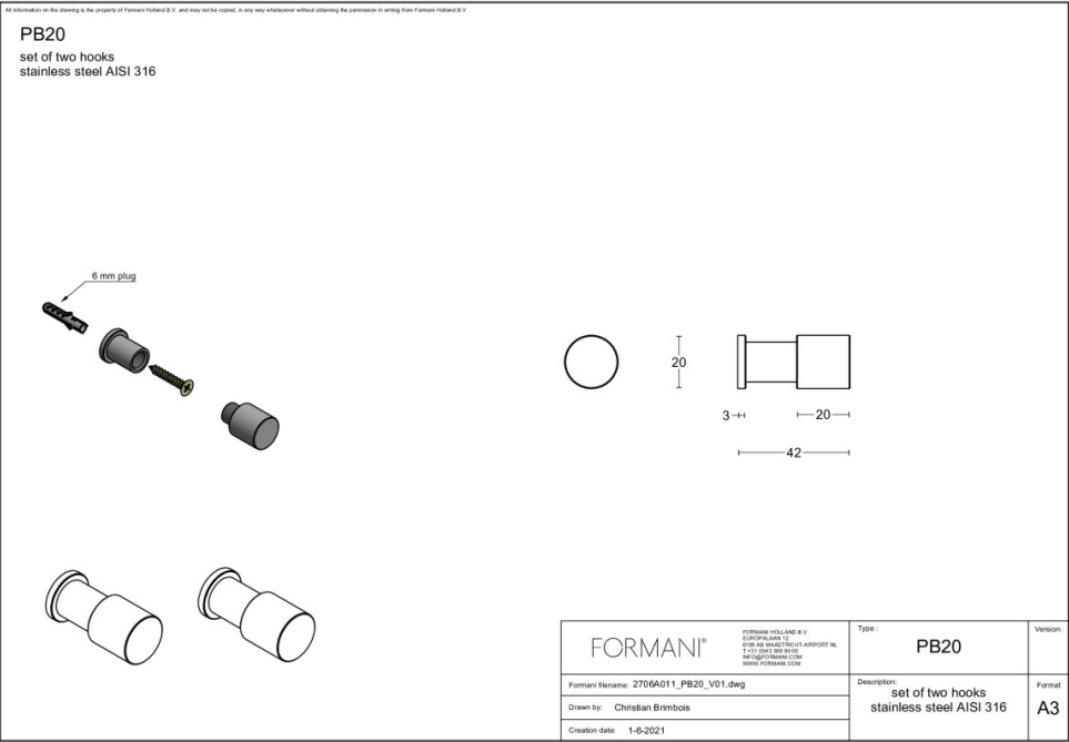 Formani | ONE | PB20 | Set Van 2 Haken | Mat Roestvast Staal