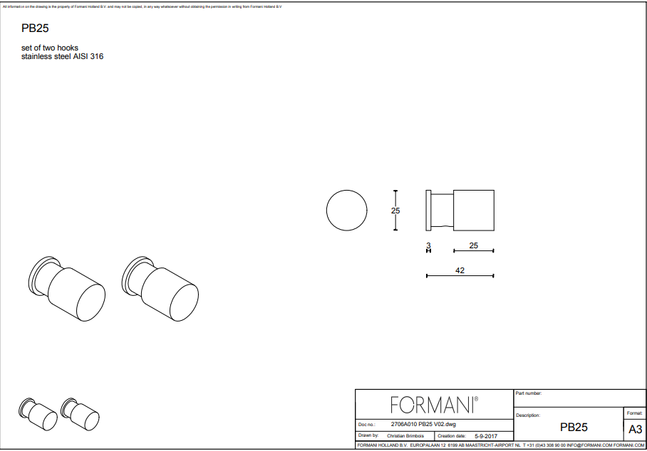 Formani | ONE | PB25 | Set Van 2 Haken | Mat Zwart - Deurbeslag-expert