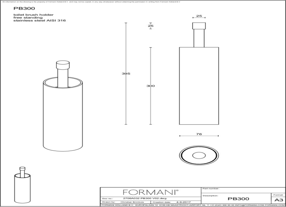 Formani | ONE | PB300 | Toiletborstel Vrijstaand | Mat Roestvast Staal