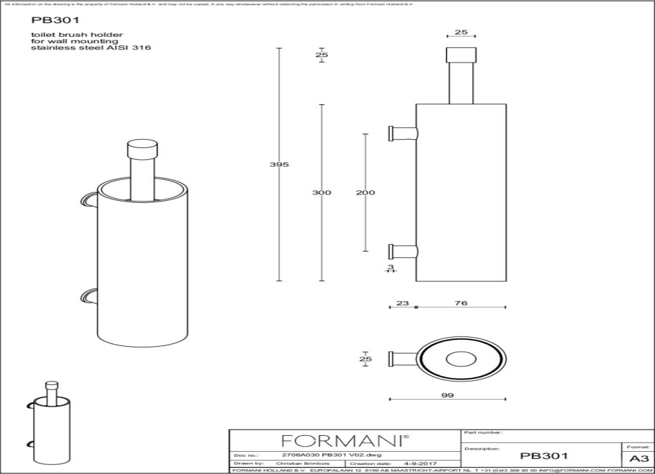 Formani | ONE | PB301 | Toiletborstel Met Muurbevestiging | Mat Roestvast Staal