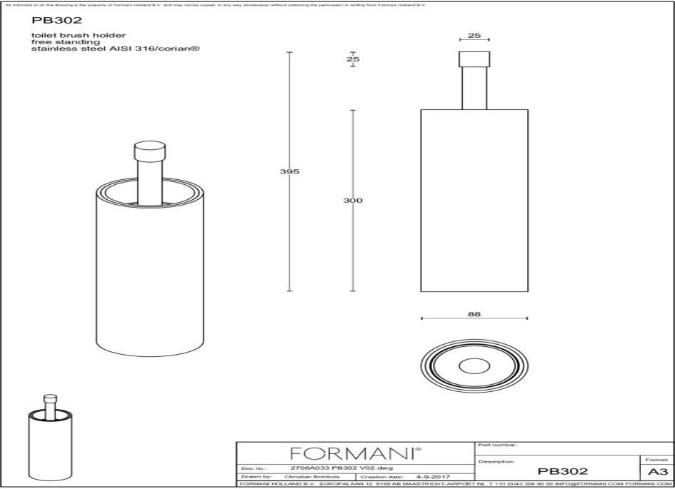 Formani | ONE | PB302 | Toiletborstel Vrijstaand | Mat Roestvast Staal / Corian - Deurbeslag-expert
