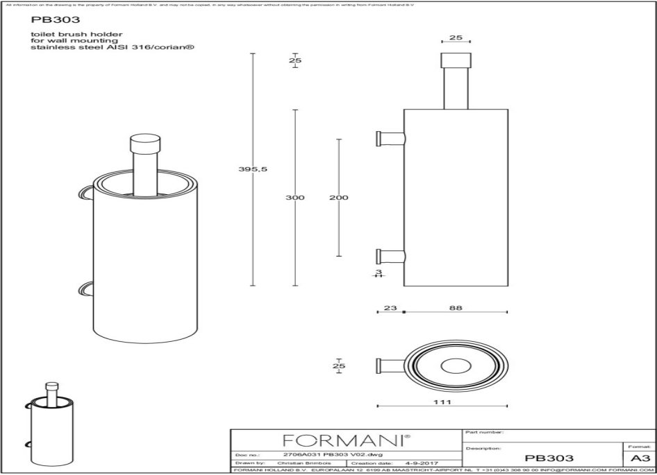 Formani | ONE | PB303 | Toiletborstel Met Muurbevestiging | Mat Roestvast Staal/ Wit/ Corian