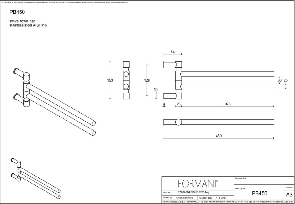 Formani | ONE | PB450 | Draaibare Handdoekstang | Mat Roestvast Staal