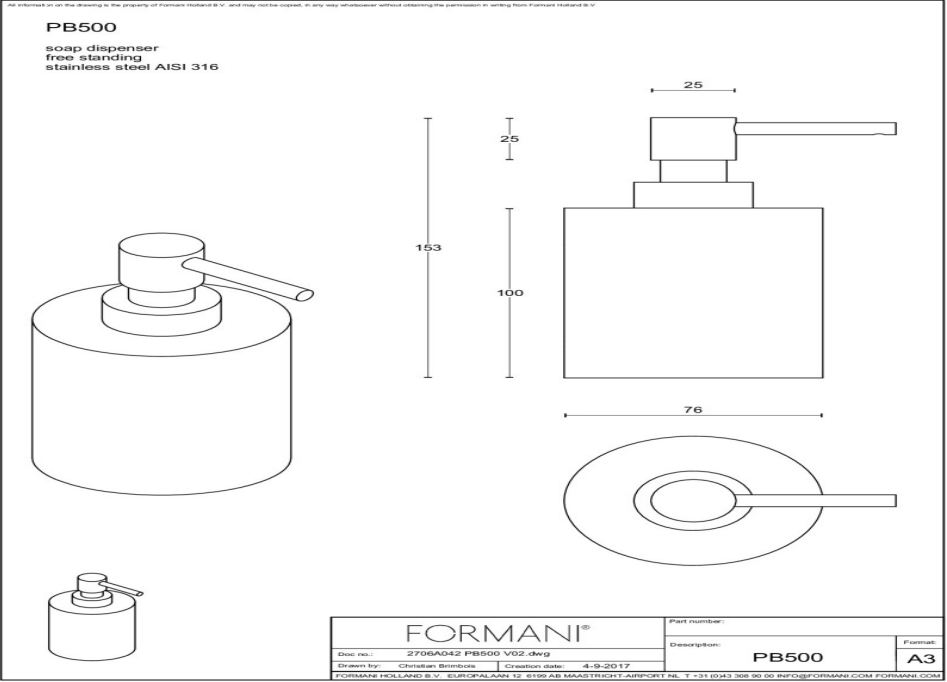 Formani | ONE | PB500 | Zeepdispenser Vrijstaand | Mat Roestvast Staal
