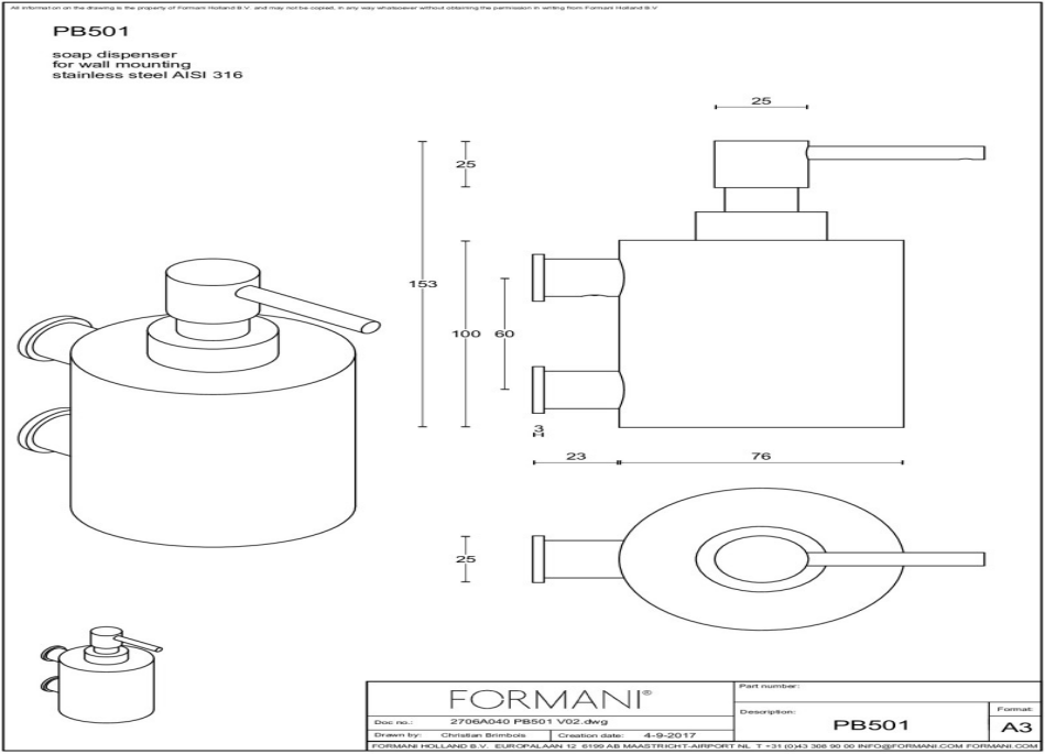 Formani | ONE | PB501 | Zeepdispenser Met Muurbevesting | Mat Roestvast Staal