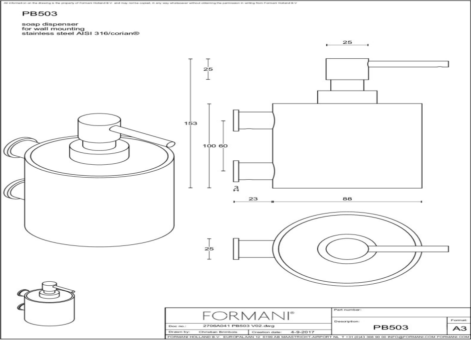 Formani | ONE | PB503 | Zeepdispenser Met Muurbevesting | Mat Roestvast Staal/ Wit/ Corian - Deurbeslag-expert