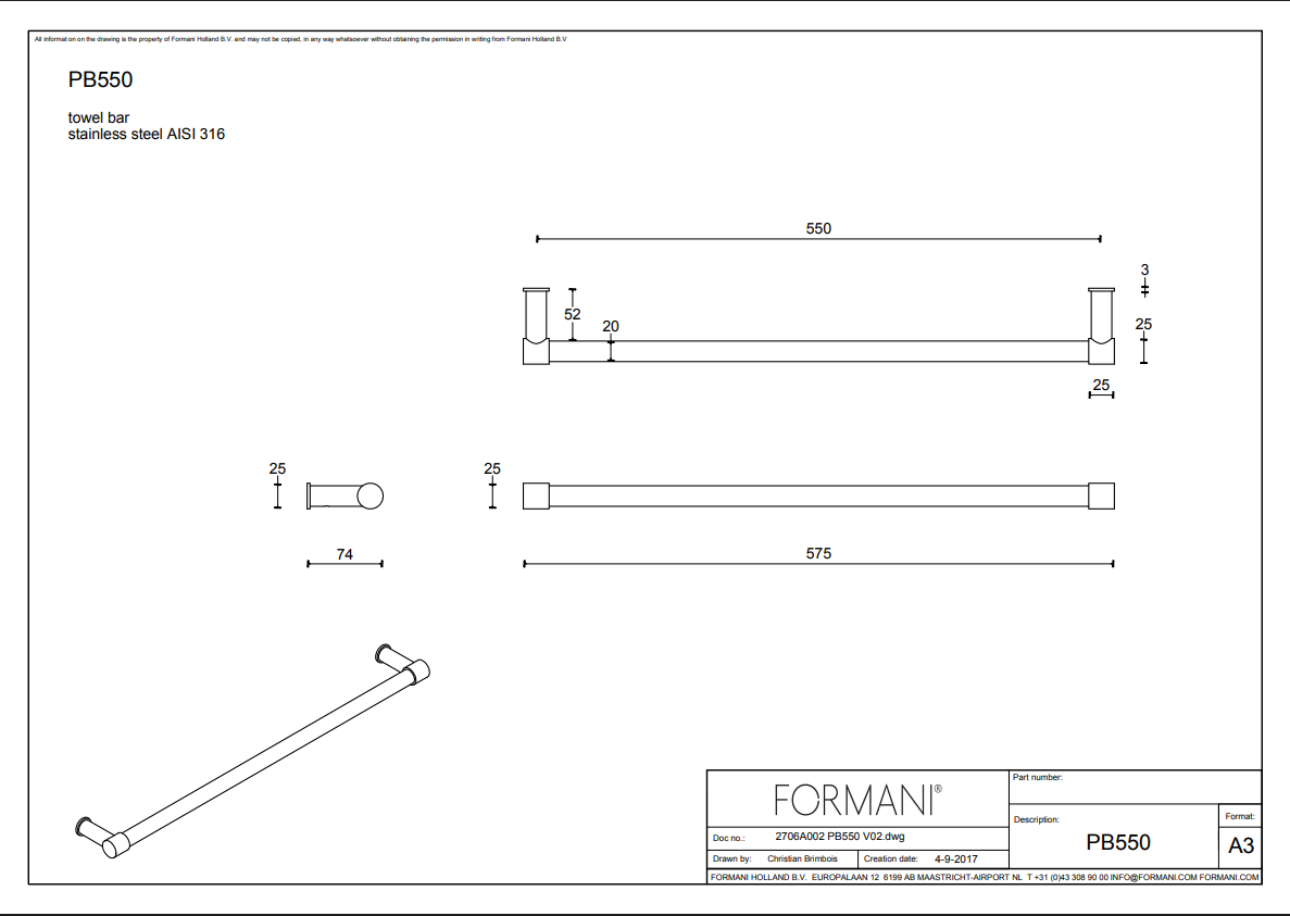 Formani | ONE | PB550 | Handdoekstang Enkel | Mat Roestvast Staal