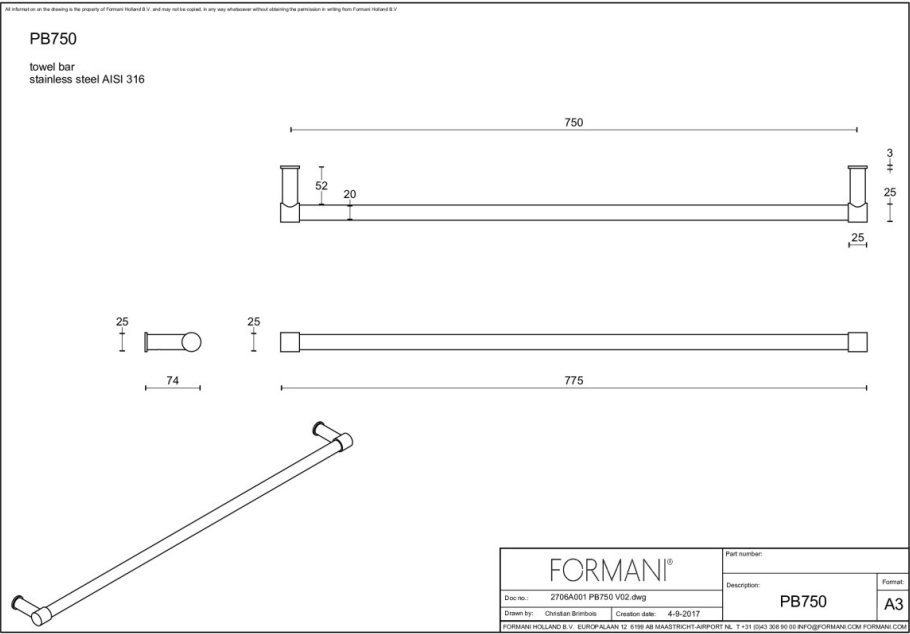 Formani | ONE | PB750 | Handdoekstang Enkel | Mat Zwart - Deurbeslag-expert