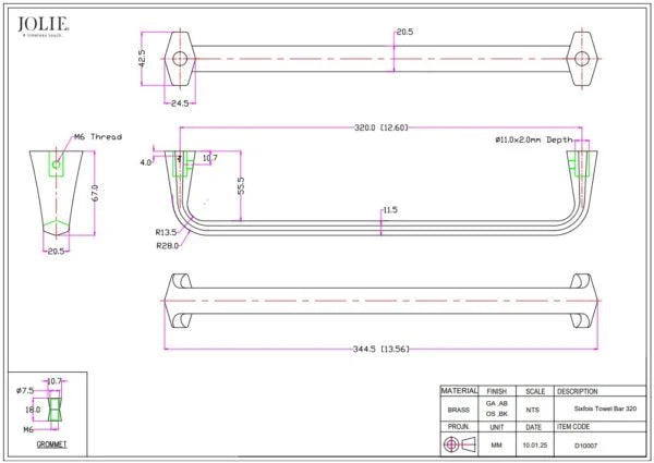 Jolie Six Fois handdoekstang 320 mm technische tekening
