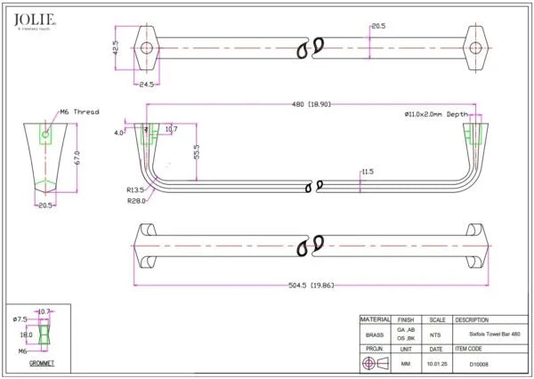 Jolie Six Fois handdoekstang antiek goud technische tekening met maatvoering