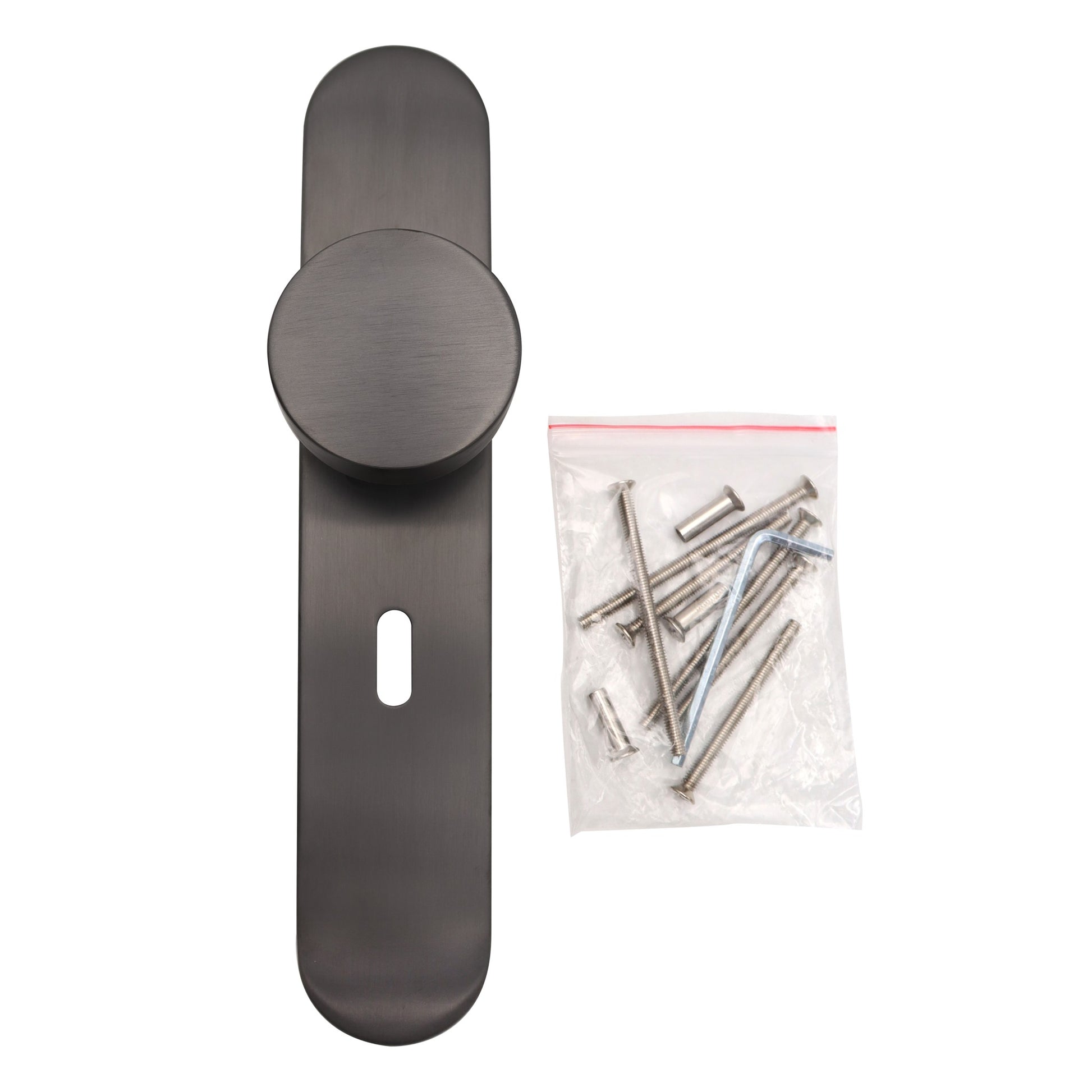 Griff Meister deurknop op ovaal schild 245x45x10mm - gunmetal - sleutelgat 56mm (detailweergave)