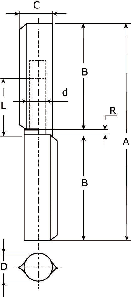 Dulimex DX aanlaspaumelle 80 x 13 mm RVS, technische tekening met maatvoering A B C D