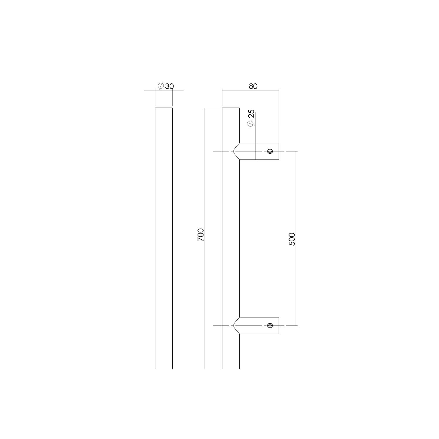 Intersteel Deurgreep per stuk T vorm 700x80x30 HoH 500 rvs 1