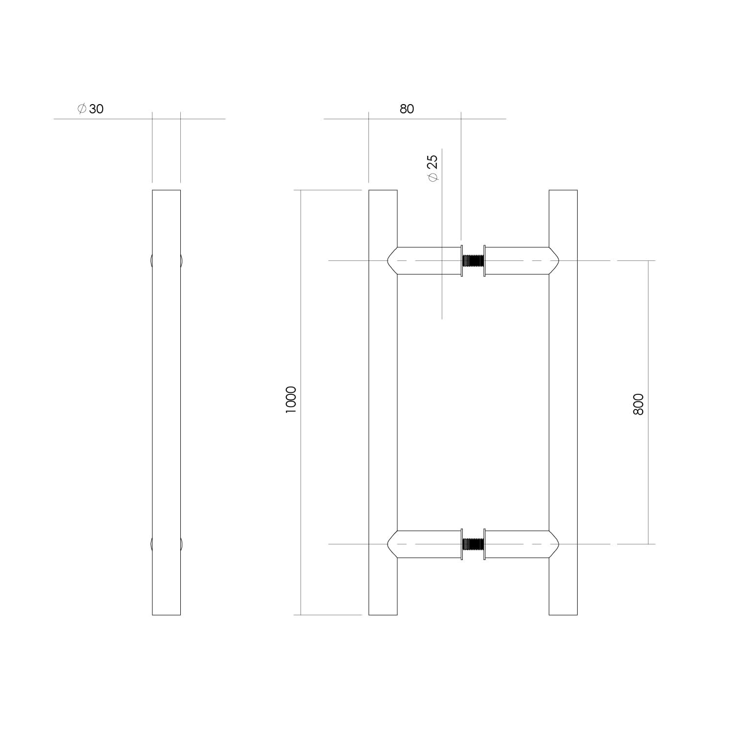 Intersteel Deurgrepen per paar T vorm 1000x80x30 HoH 800 rvs 1