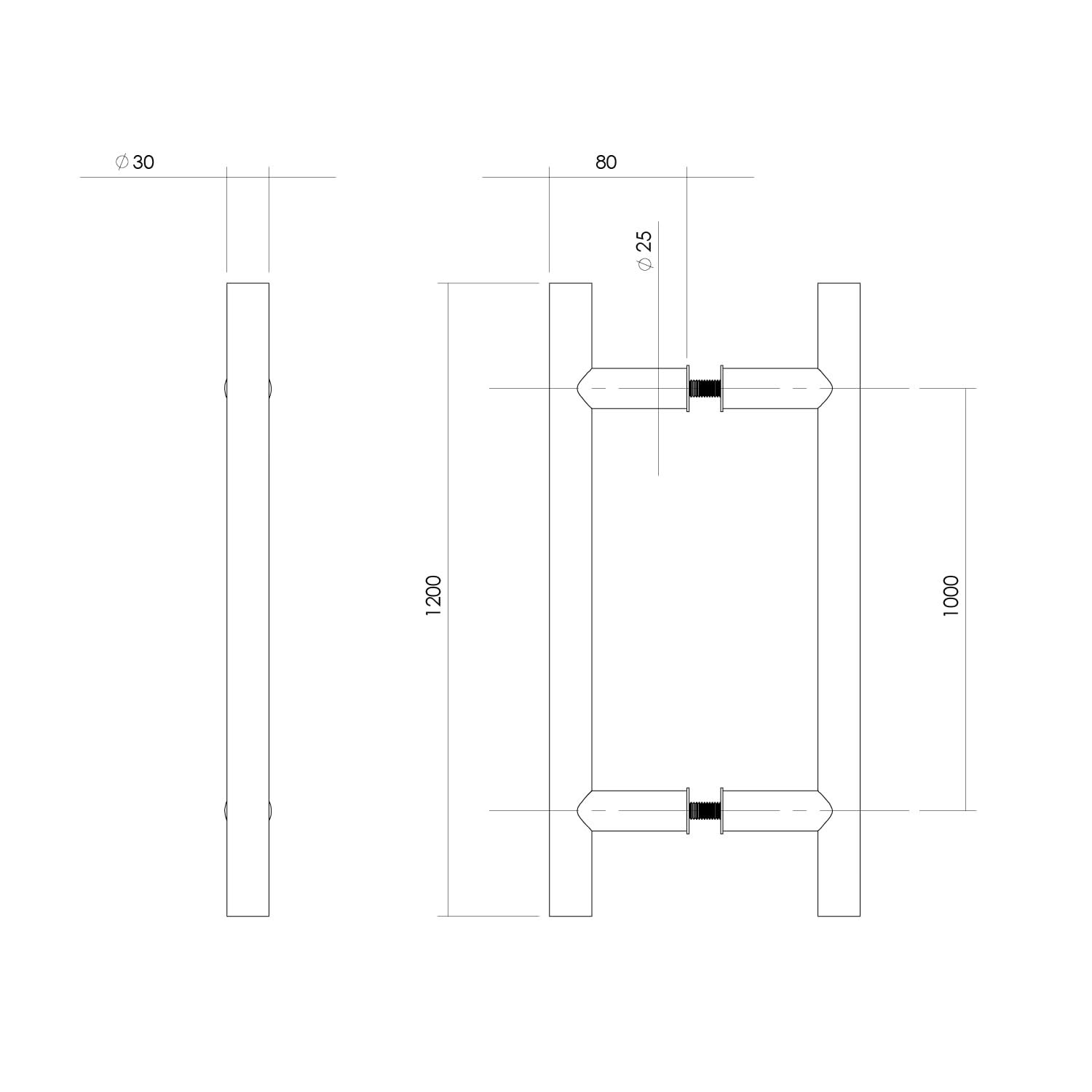 Intersteel Deurgrepen per paar T vorm 1200x80x30 HoH 1000 rvs 1