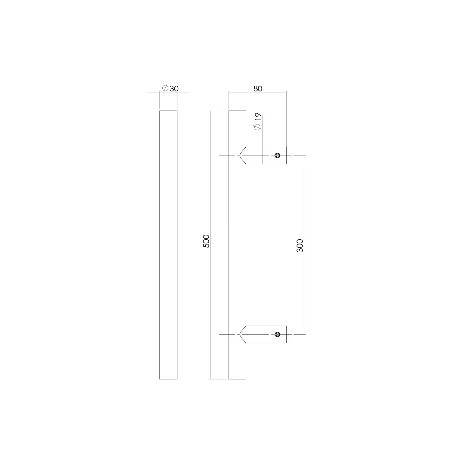 Intersteel Deurgrepen per paar T vorm 500x80x30 HoH 300 rvs 1