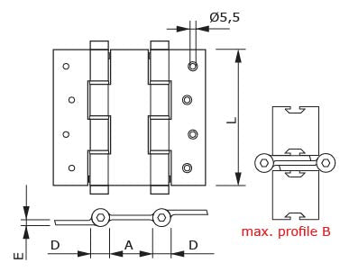 DX Justor deurveerscharnier 180/40 mm RVS, technische tekening met maten