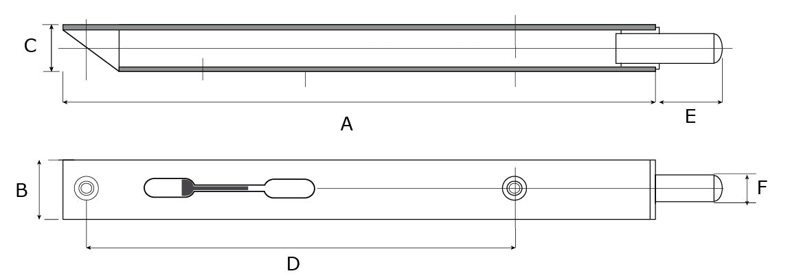 Dulimex DX bascule kantschuif type 832 400 mm afgeschuind recht RVS - technische tekening met maatvoering