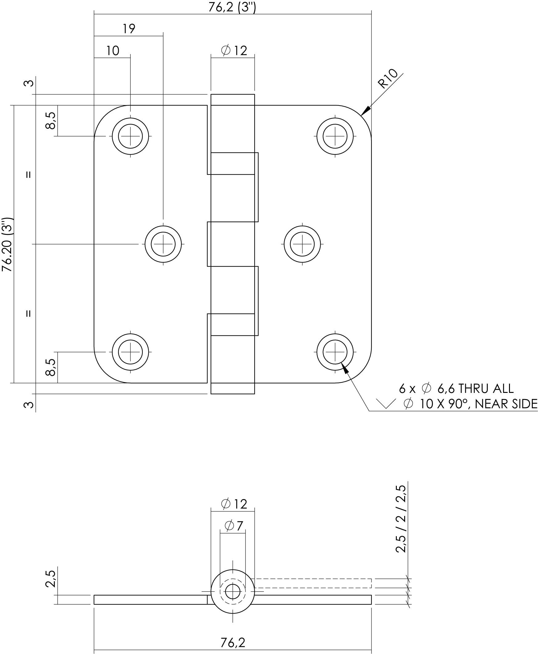 Kogellagerscharnier 76 x 76 mm met ronde hoek mat zwart incl. schroeven 1