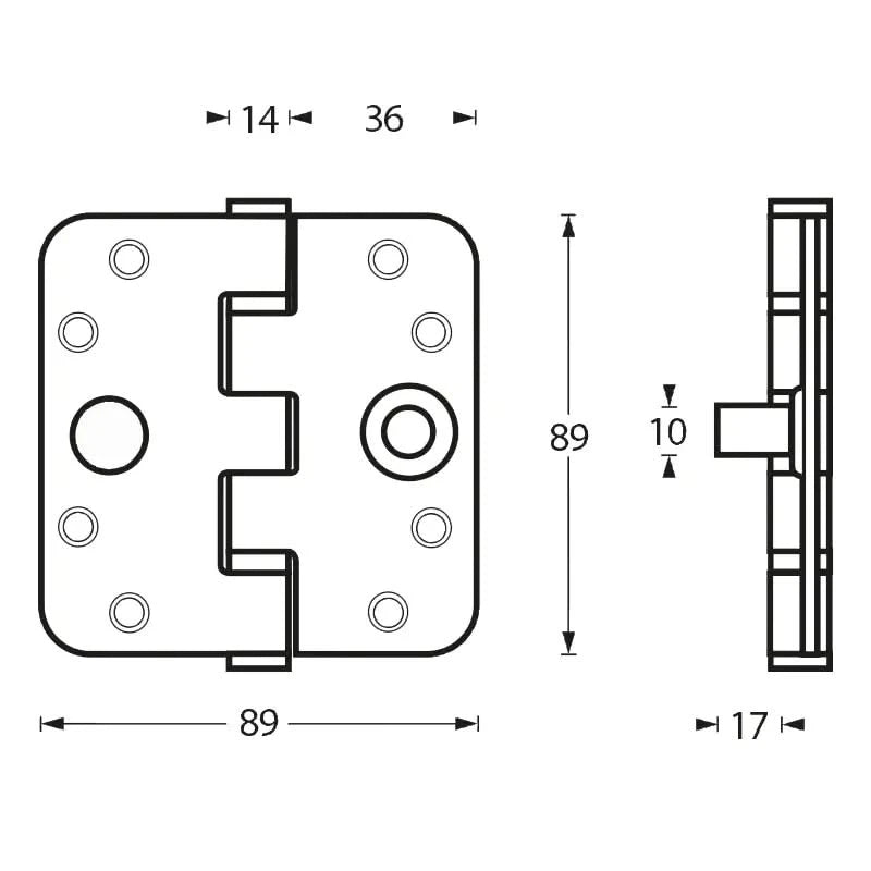 Kogellagerscharnier 89 x 89 mm met rechte hoek RVS geborsteld met dievenklauw SKG 3 sterren incl. Schroeven 1