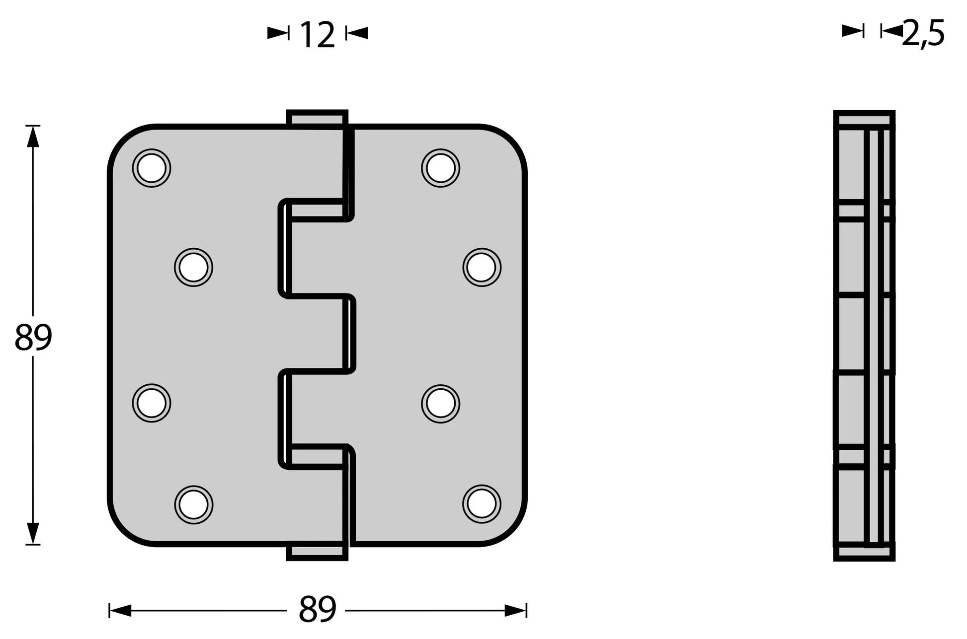 Kogellagerscharnier 89 x 89 mm met ronde hoek RVS geborsteld incl. schroeven 1