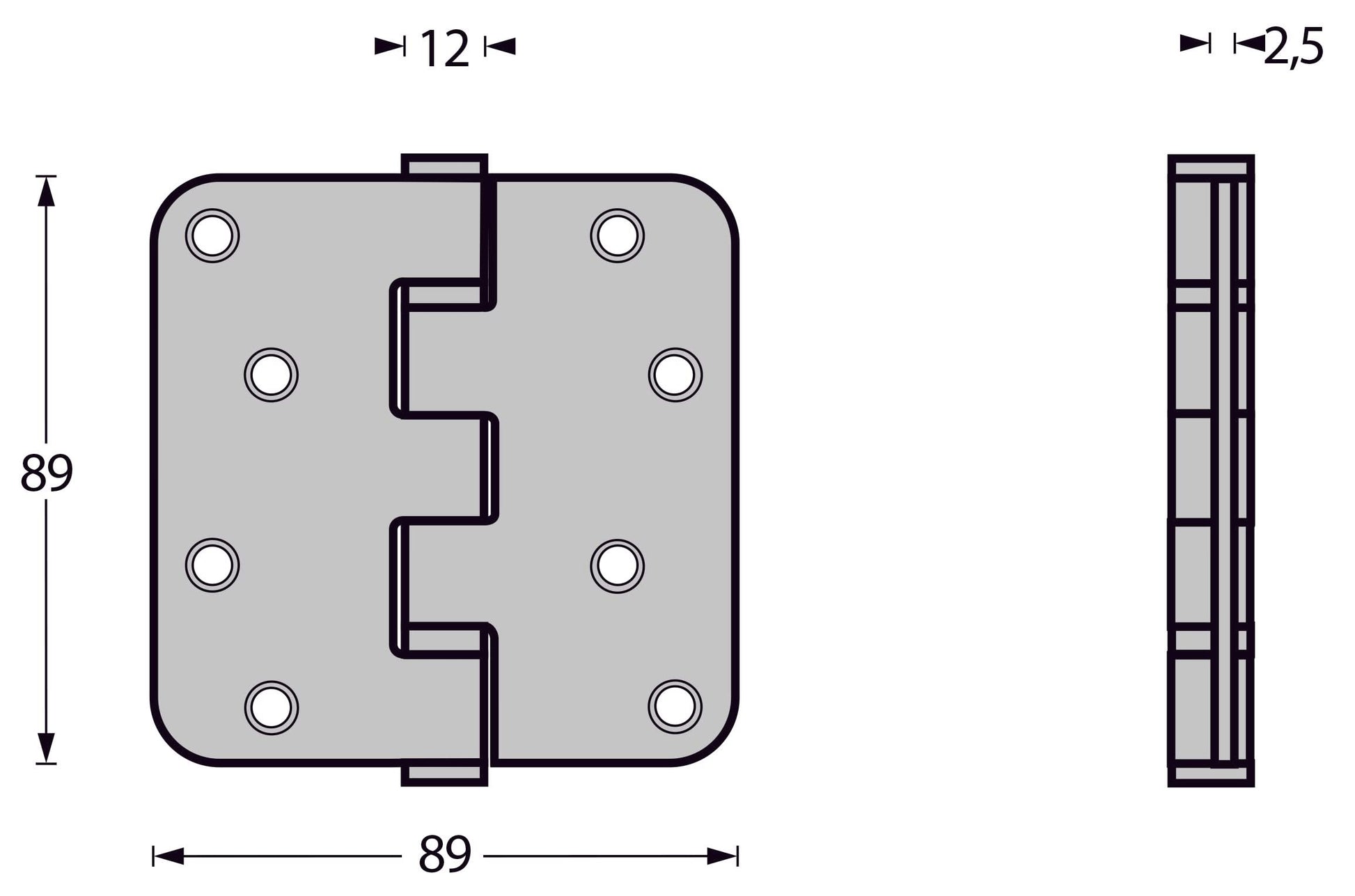 Kogellagerscharnier 89 x 89 mm met ronde hoek mat zwart incl. schroeven 1