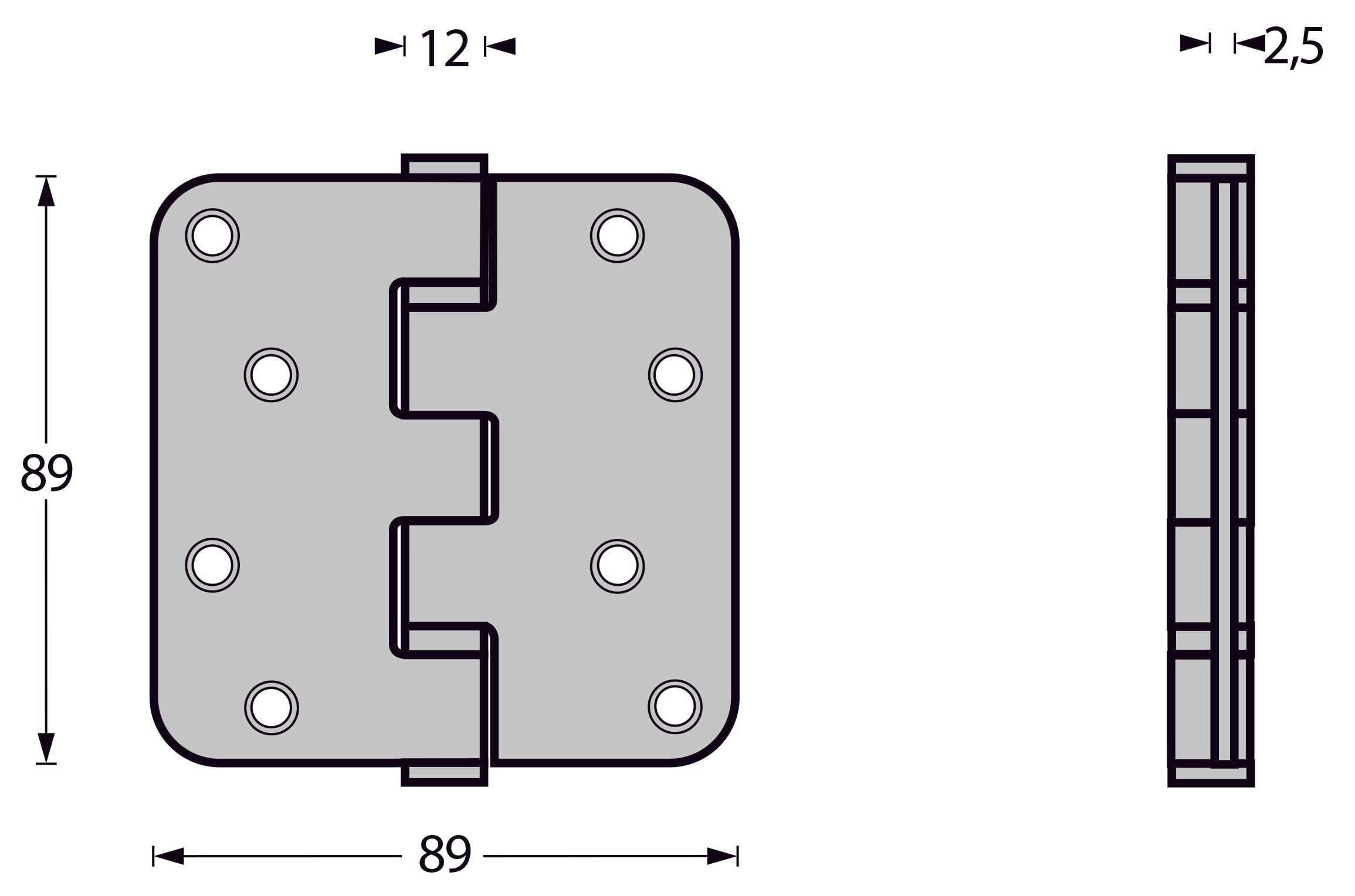 Kogellagerscharnier 89 x 89 mm met ronde hoek mat zwart incl. schroeven 1