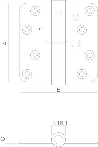 Kogelstift paumelle DIN links 89 x 89 mm met ronde hoek RVS geborsteld incl. schroeven 1