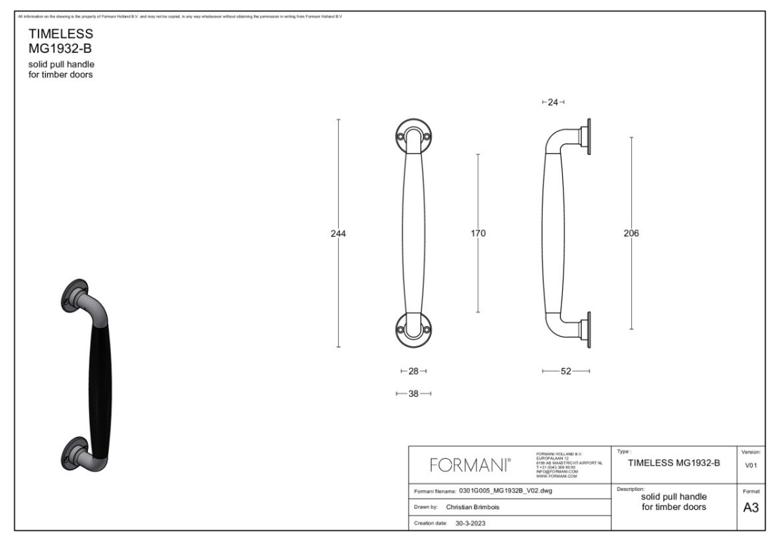 Formani | MG1932B | Deurgreep | messing ongelakt/ebbenhout