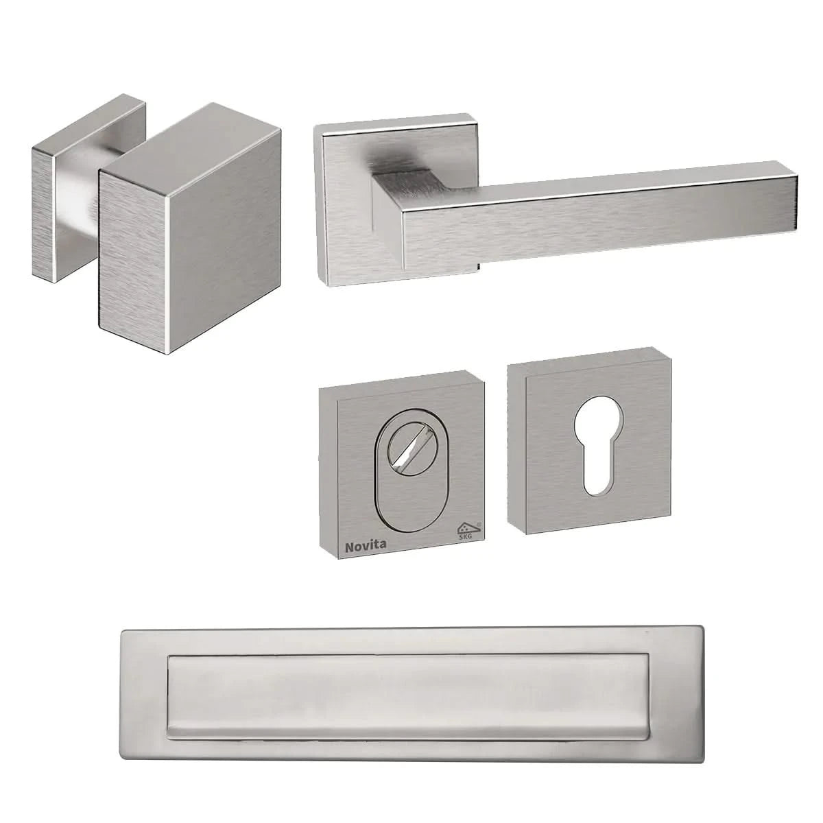 Hardbrass Roestvrijstalen Voordeurset Vierkant RVS Geborsteld met Quadro 60 SKG3 - Deurbeslag-expert