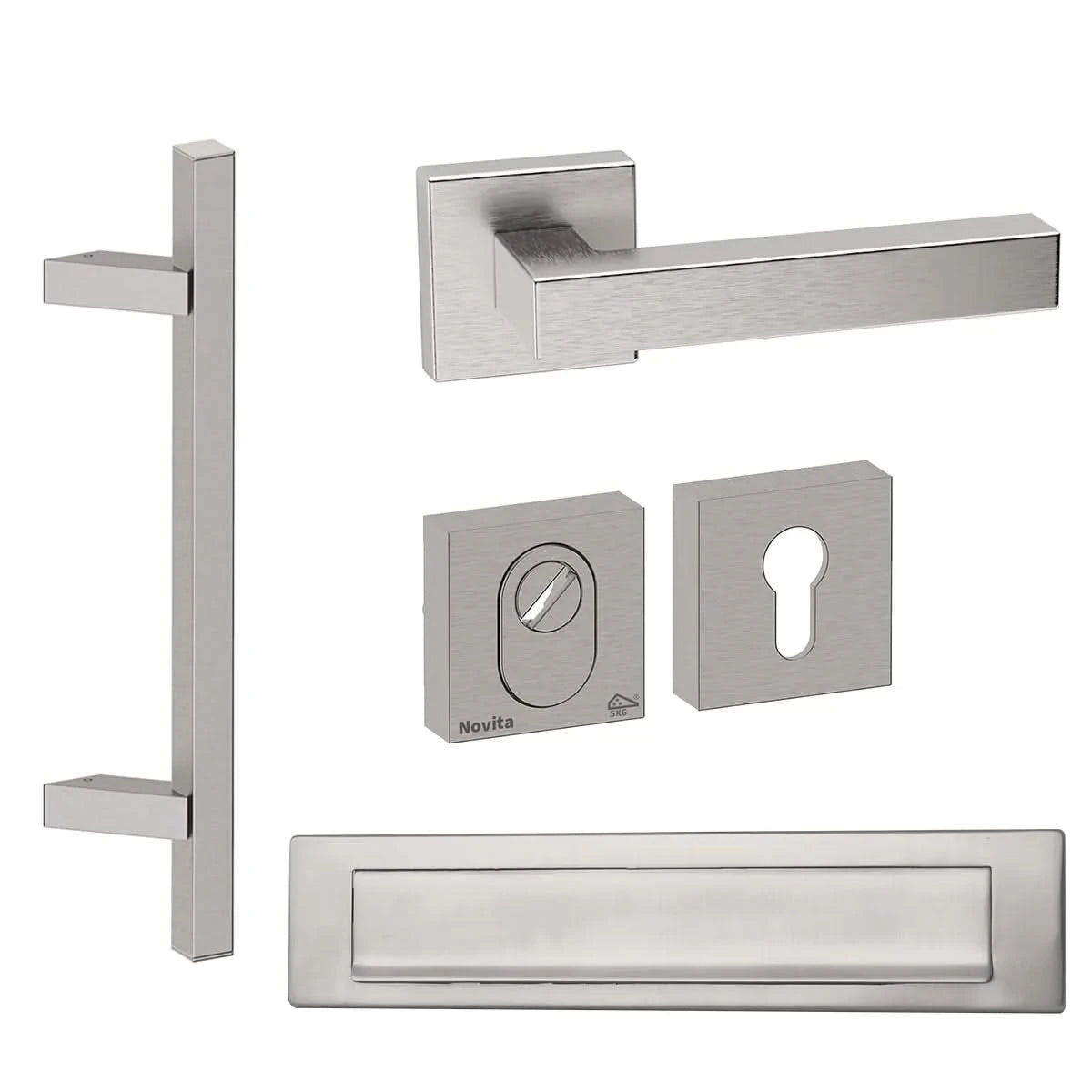 Hardbrass Roestvrijstalen Voordeurset Vierkant RVS Geborsteld met Toronto Schuin & Briefplaat SKG3 - Deurbeslag-expert