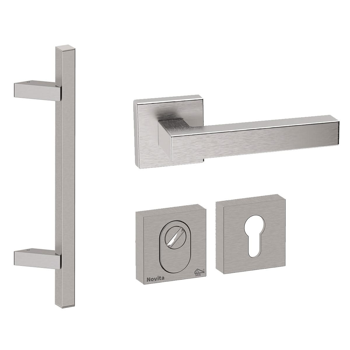 Hardbrass Roestvrijstalen Voordeurset Vierkant RVS Geborsteld met Toronto Schuin SKG3 - Deurbeslag-expert