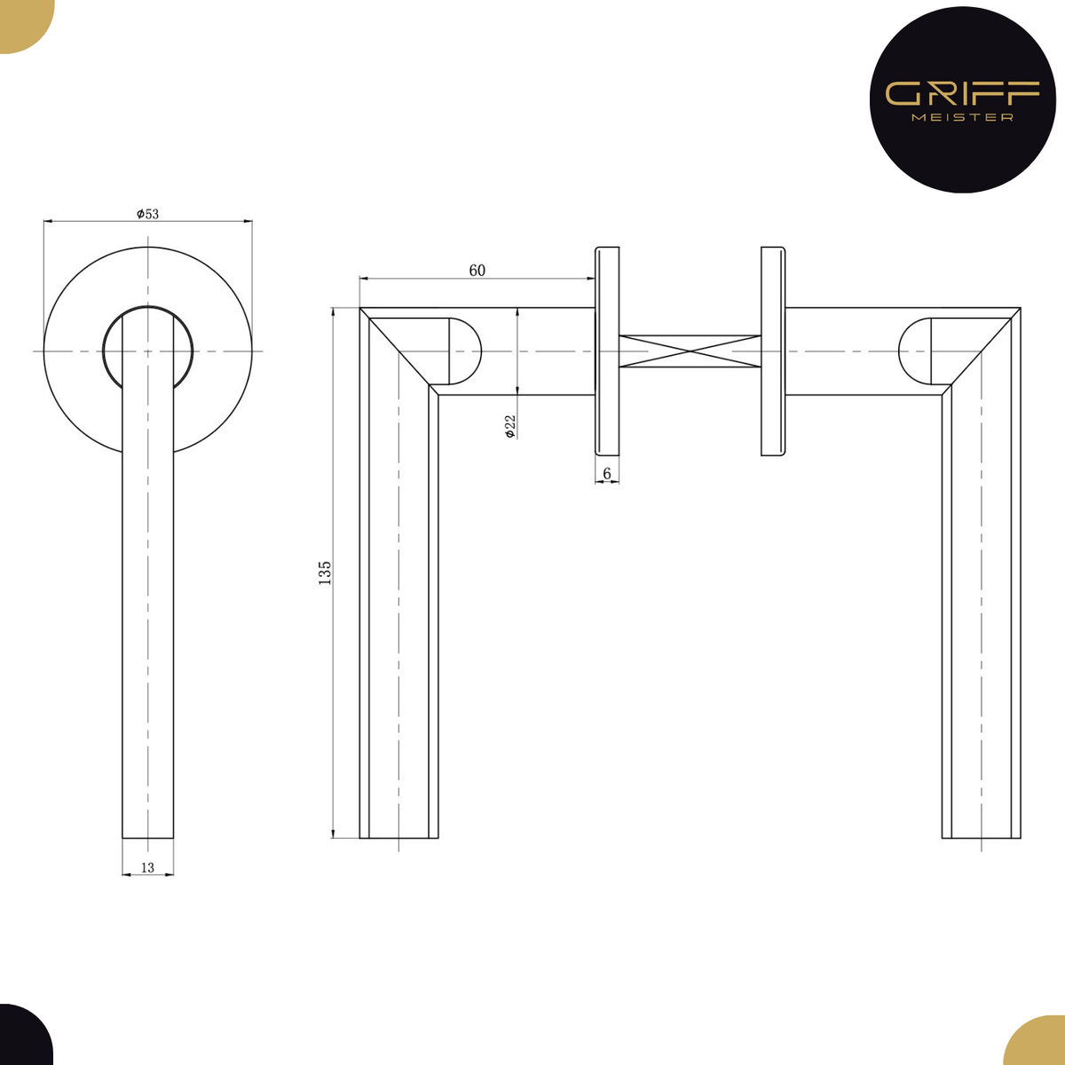 Griff Meister deurkruk Trevio 53mm ronde rozet 6mm dik RVS – detail en afmetingen