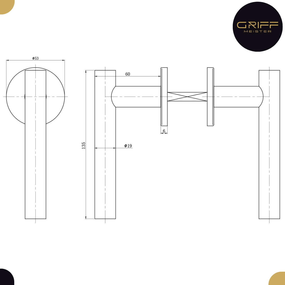 Griff Meister deurkruk Fenestra 53mm ronde rozet 6mm dik Rosé PVD – detail en afmetingen