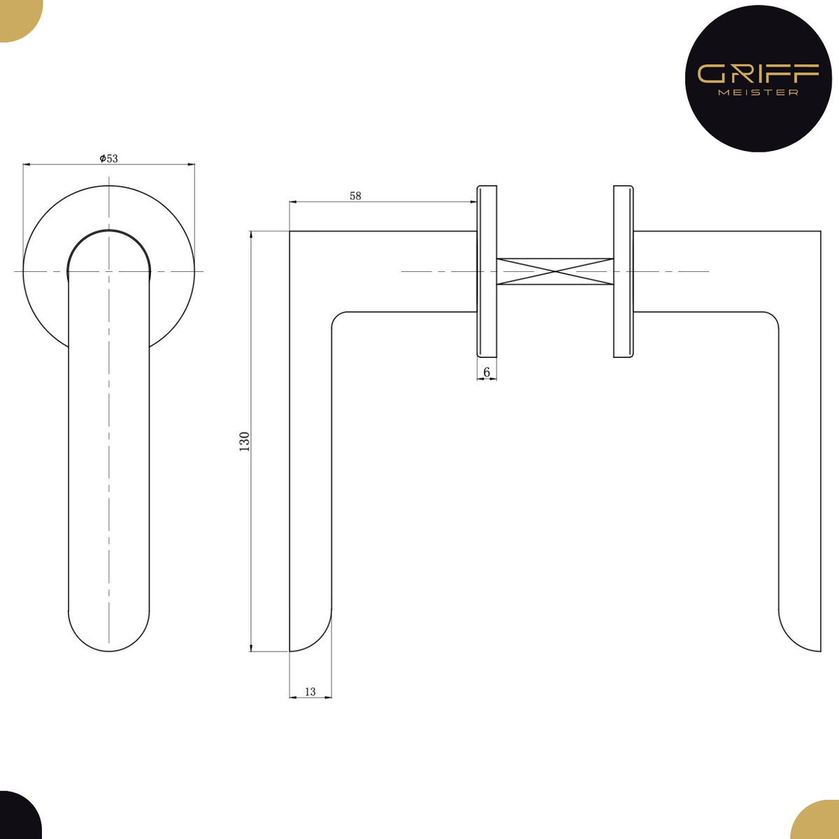 Griff Meister deurkruk Rexo 53mm ronde rozet 6mm dik RVS – detail en afmetingen