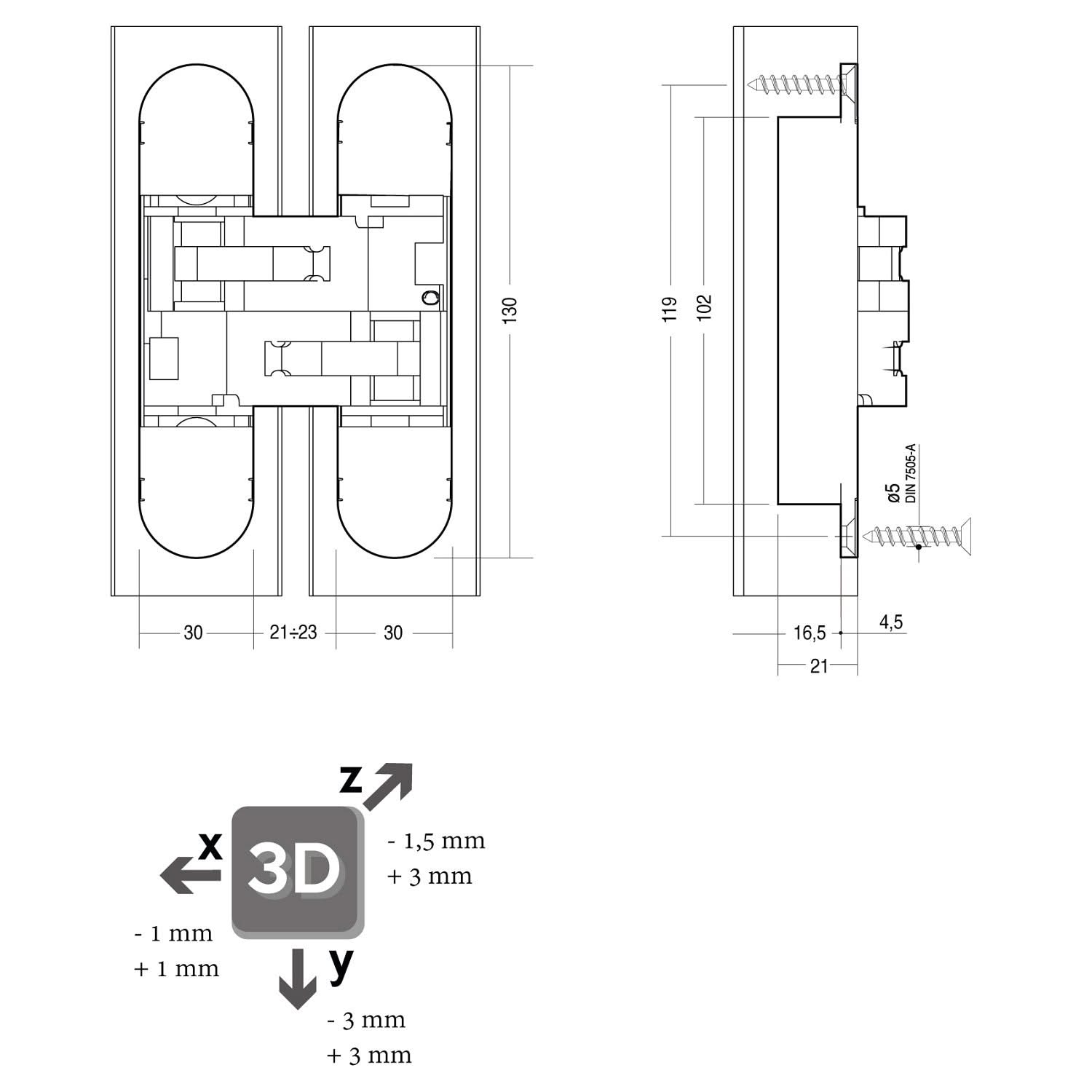 Onzichtbare verdekte scharnier 130 x 30 mm zilvergrijs 3D instelbaar 1