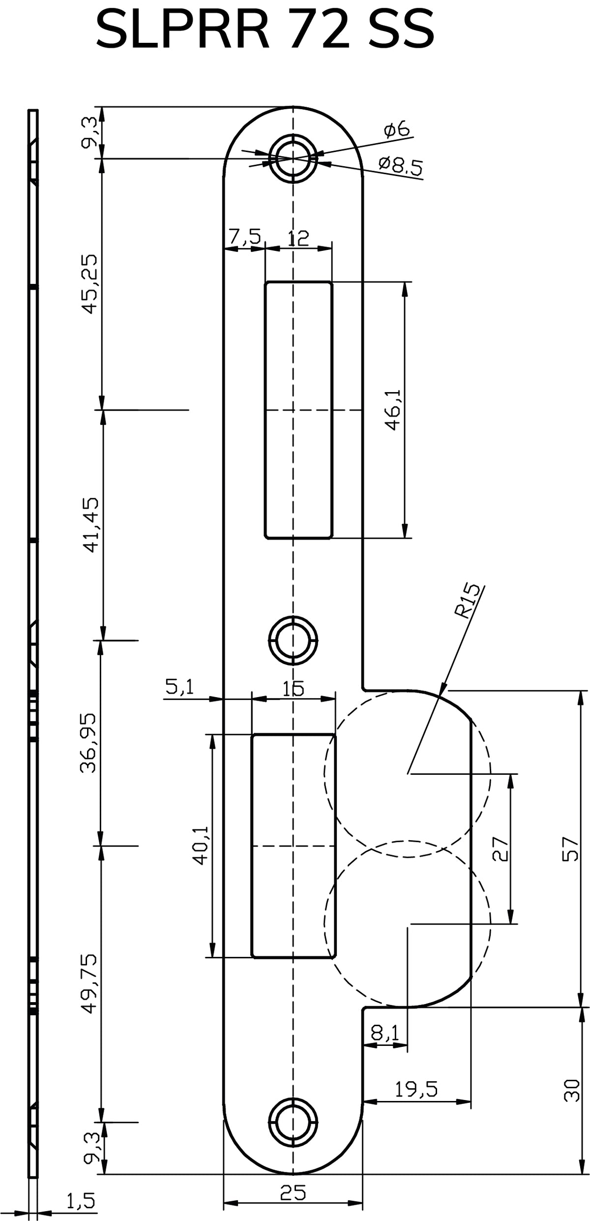 Dulimex RVS sluitplaat ronde hoeken PC72 technische tekening