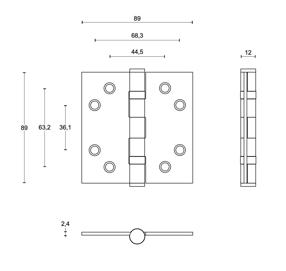 kogellagerscharnier rechte hoeken lijntekening