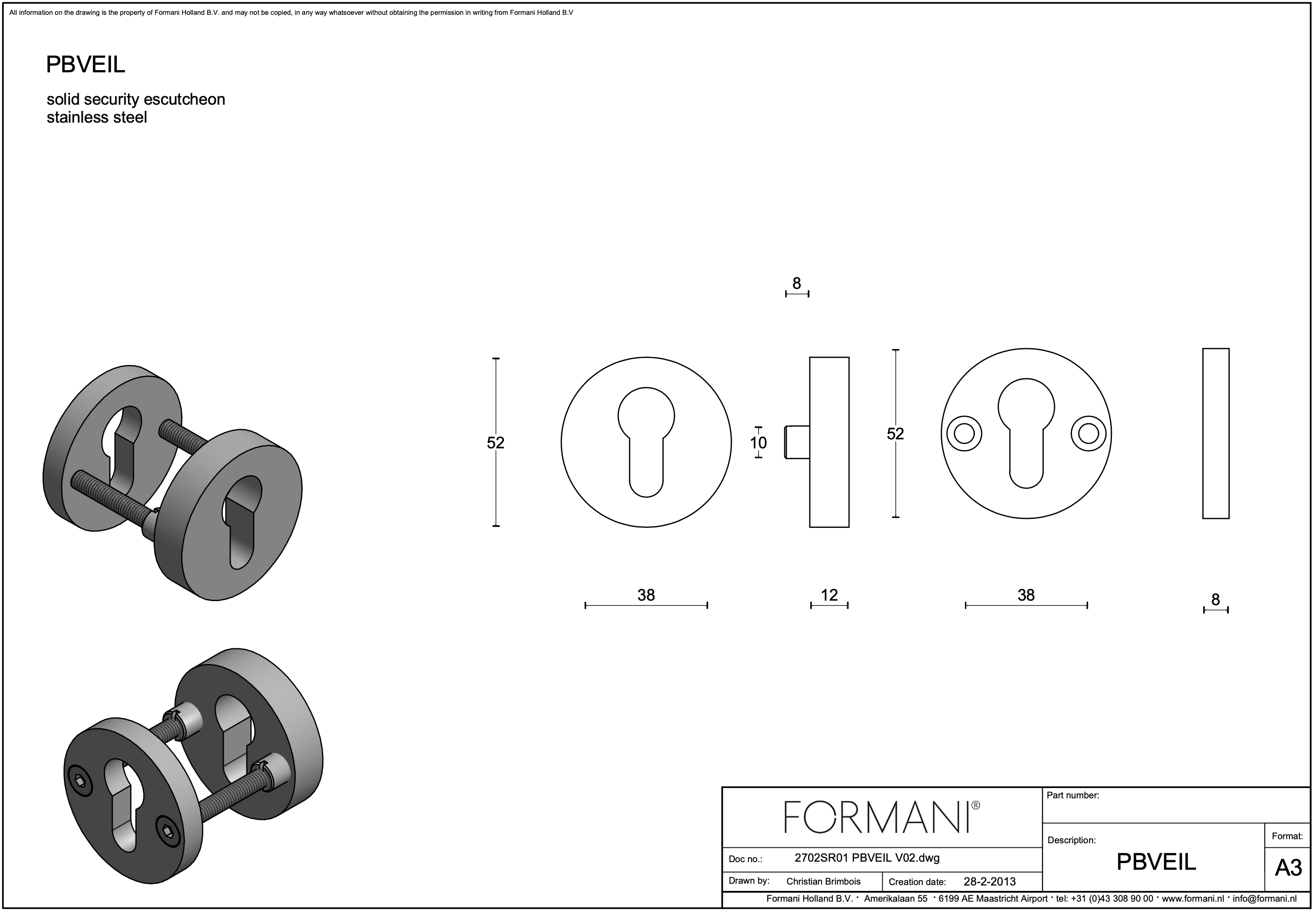 Formani | PBVEIL | massieve veiligheidscilinderrozet | SKG*** | mat roestvast staal Technische tekening