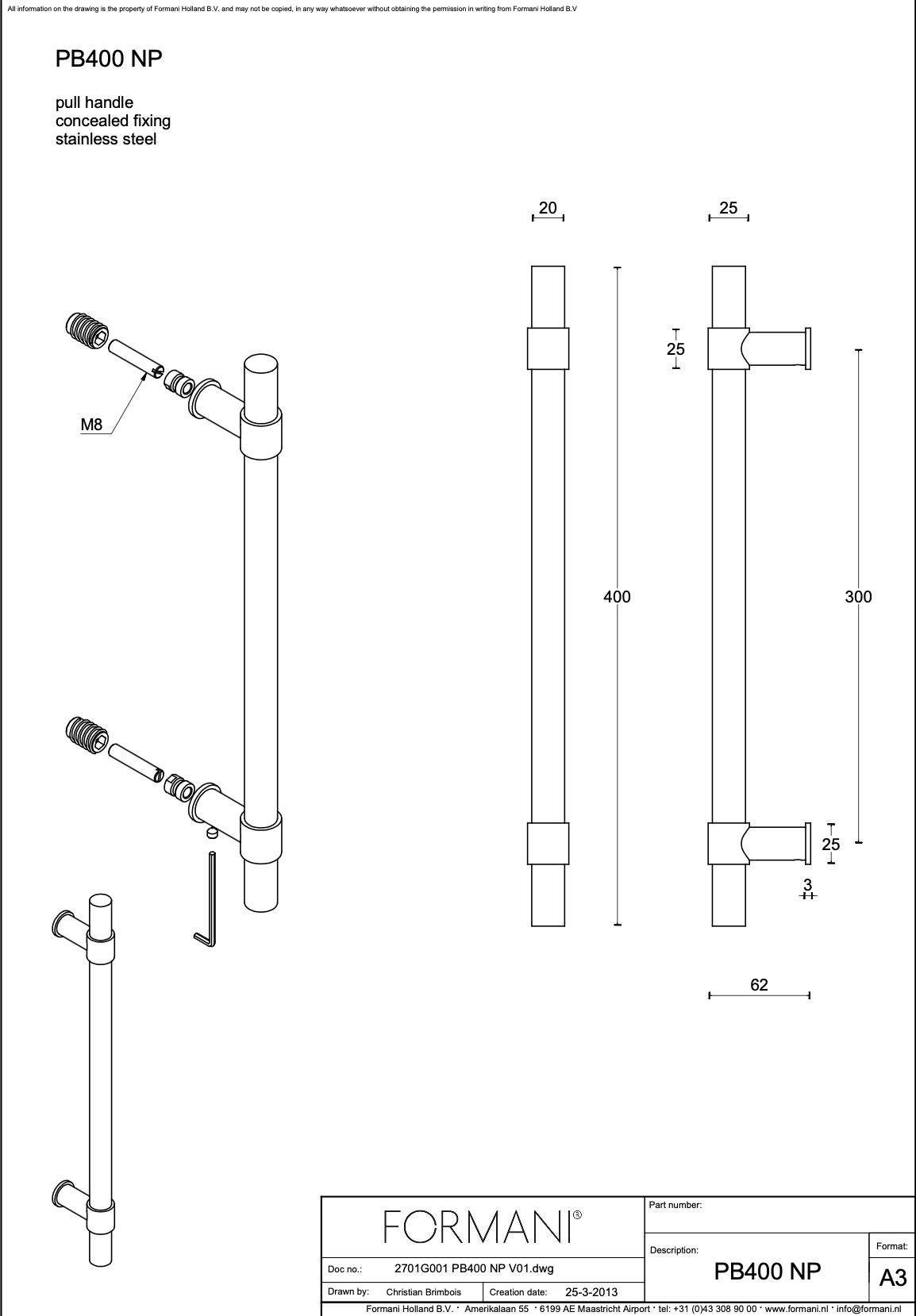Formani | PB400 NP | Deurgreep | mat roestvast staal - Deurbeslag-expert