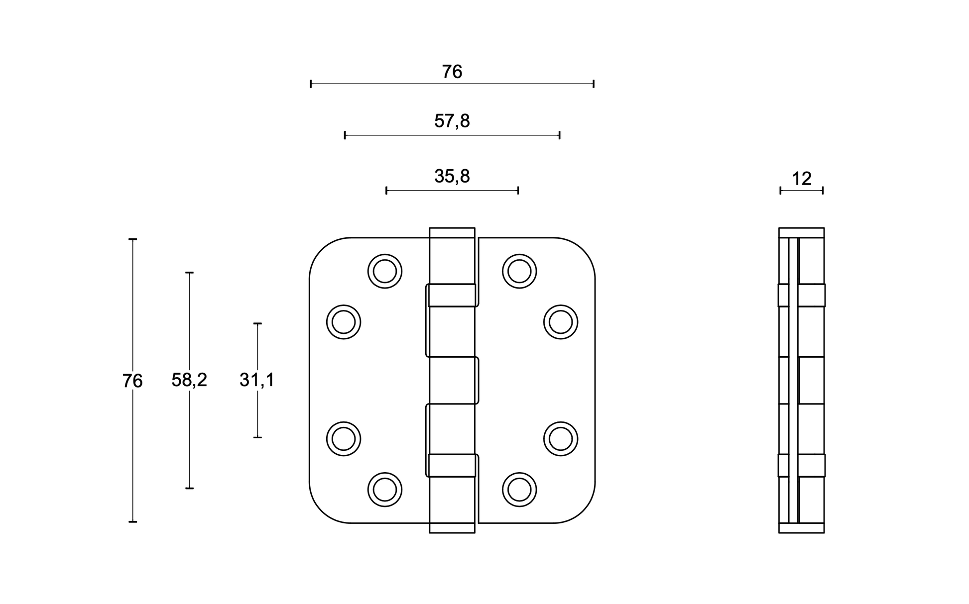 scharnier 76x76 brons afgerond