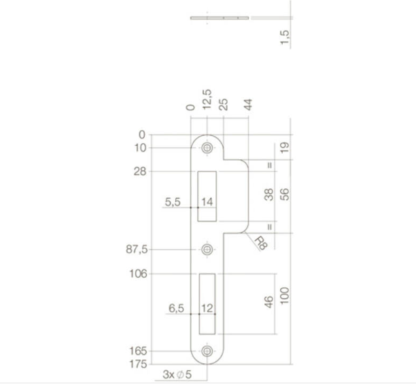 Intersteel | Sluitplaat | 175x25/44x1,5mm| dag- en nacht schoot | afgerond | rvs DIN links