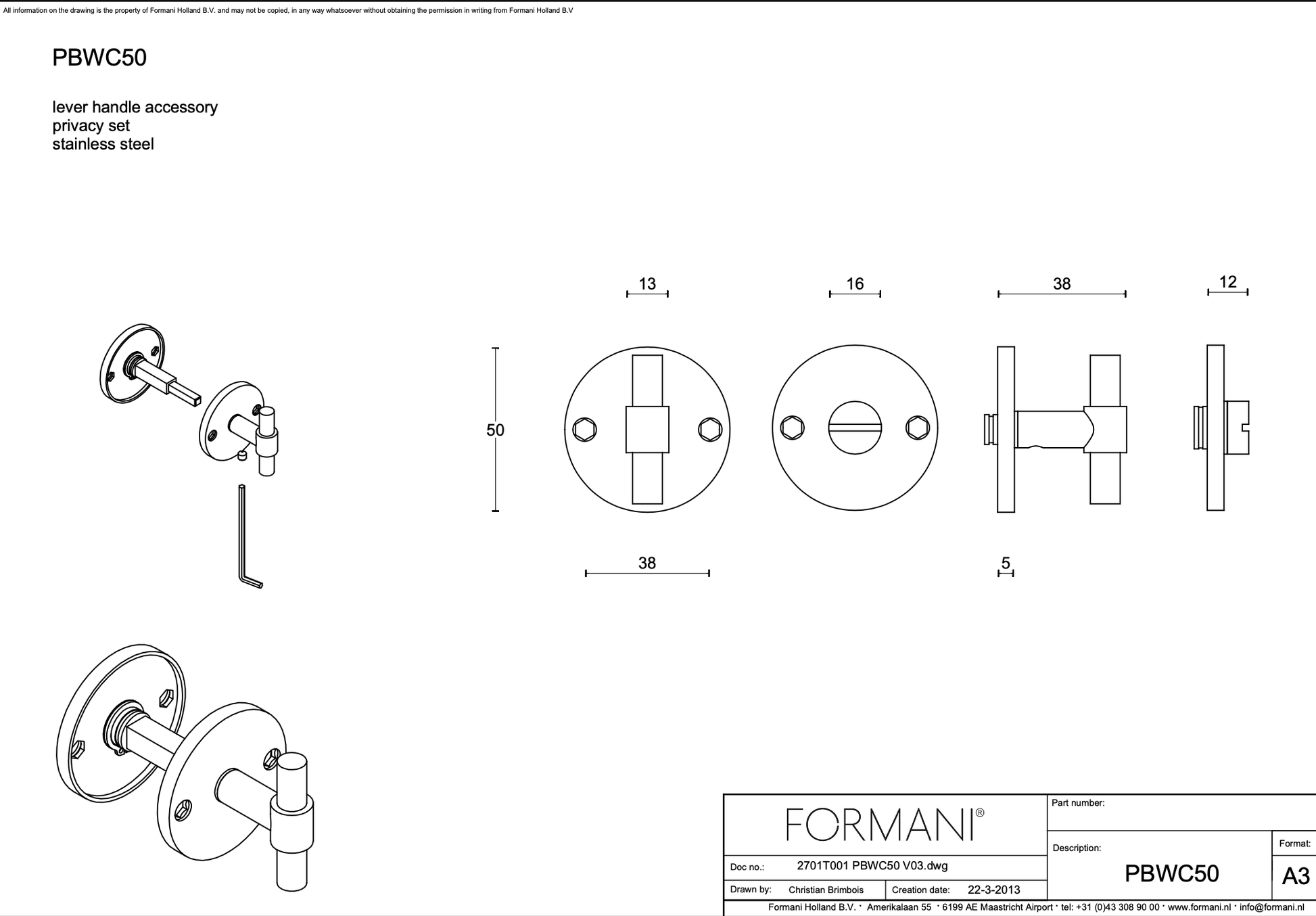 FORMANI | toiletgarnituur mat roestvast staal | Piet Boon | One | PBWC50 | lijntekening