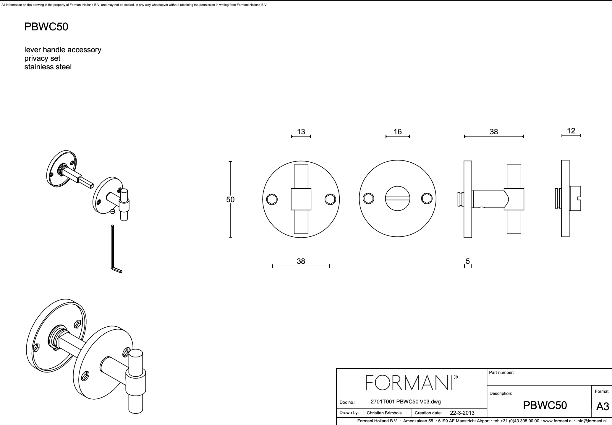 FORMANI | toiletgarnituur mat roestvast staal | Piet Boon | One | PBWC50 | lijntekening